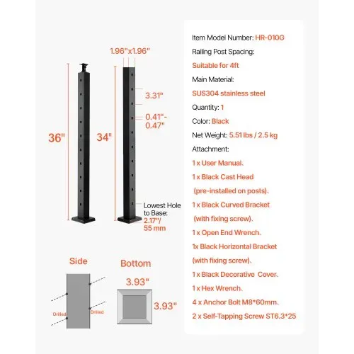 VEVOR Kabelgeländerpfosten, 914x50,8x50,8 mm, Geländerpfosten mit 30° vorgebohrten Löchern, SUS304 Edelstahl, gebogene Halterung, für Handlauf, Balustraden, Schwarz, 1JZLGZXHS914YIVIS001V0 – Bild 6