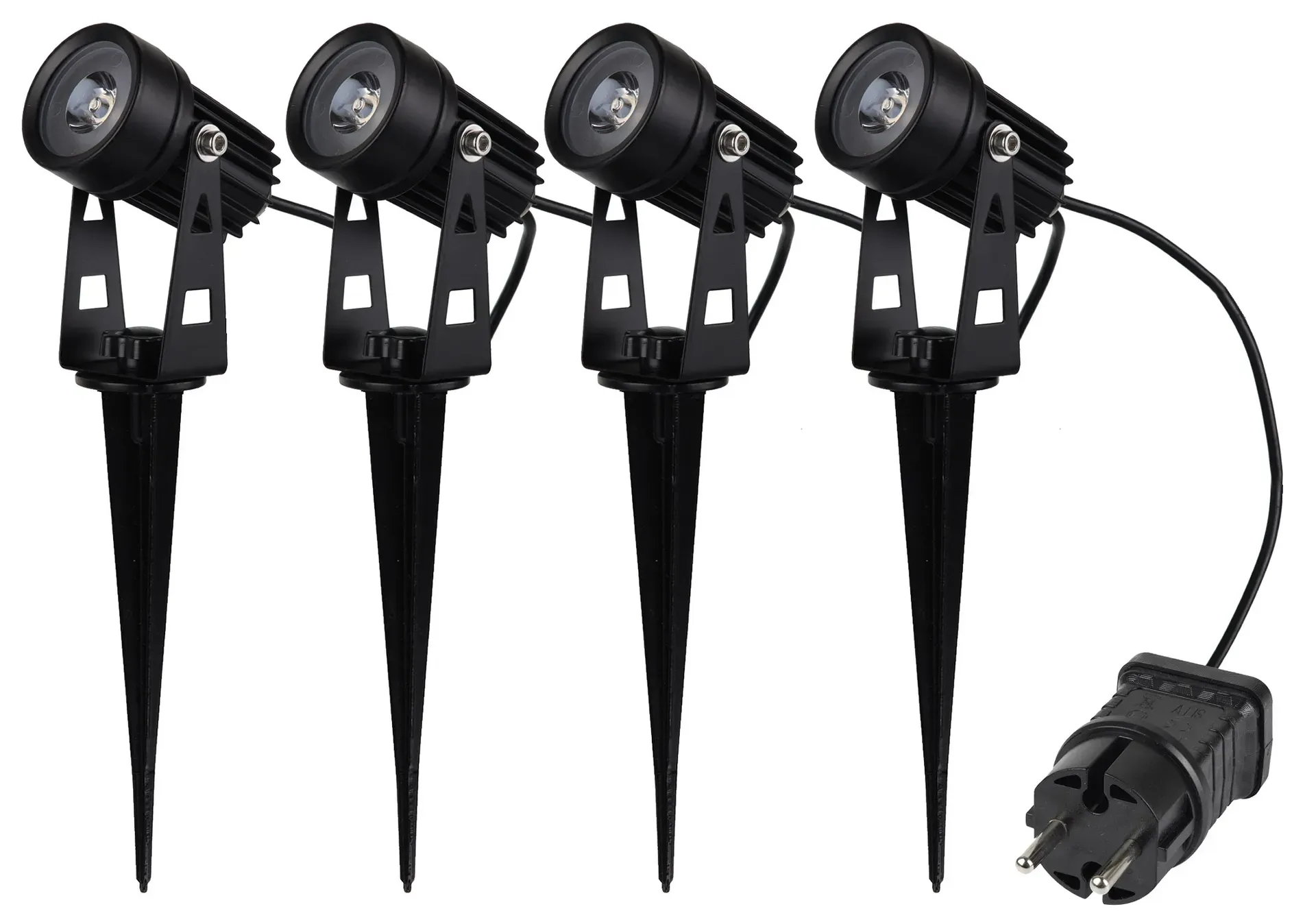 Gartenstrahler Set mit 4 Spots Netzteil, Erdspieß, 3000k, IP44 Gartenstrahler Set mit 4 Spots Netzteil, Erdspieß, 3000k, IP44