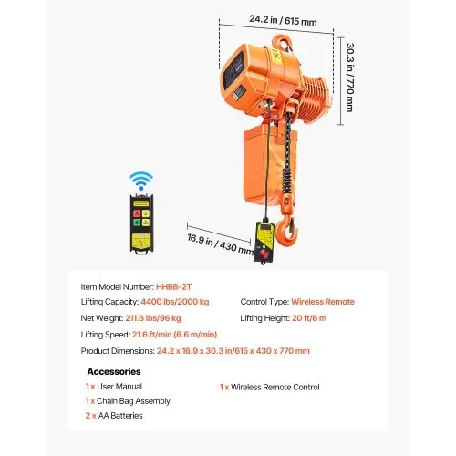 VEVOR Elektrischer Kettenzug 2000 kg, 6 m Hubhöhe, Dreiphasig-Brückenkran mit 100 m Funkfernbedienung, G100-Kette & Notstopp, Elektrokettenzug für Fabriken, Lagerhallen, Garagen – Bild 6