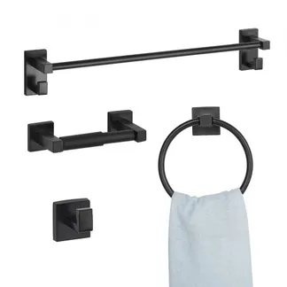 VEVOR Badezimmer Hardware Zubehör Set aus SUS201 Edelstahl (4-tlg.) inkl. Handtuchstange & Handtuchhalter (runder Ring) & Haken & Toilettenpapierhalter, für Badezimmer, Wandmontage Schwarz VEVOR Badezimmer Hardware Zubehör Set aus SUS201 Edelstahl (4-tlg.) inkl. Handtuchstange & Handtuchhalter (runder Ring) & Haken & Toilettenpapierhalter, für Badezimmer, Wandmontage Schwarz