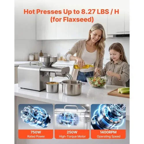 VEVOR Elektrische Ölpresse 3,75 kg/h, Ölmühle 750 W, Automatische Ölpressmaschine mit Heißpressung (50 °C-300 °C) & Reinigungsbürste, Ölmaschine für Erdnüsse, Sesam, Sojabohnen und Mandeln, Edelstahl – Bild 3