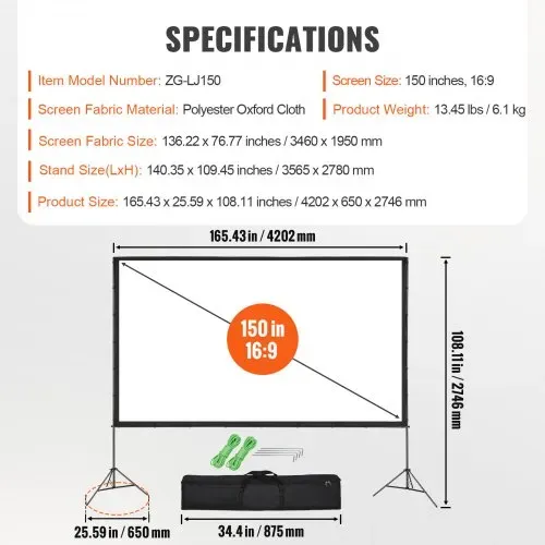 VEVOR Projektion Beamer Leinwand mit Ständer 381 cm HD 4K Outdoor Indoor Projektor Screen Schnelles Klappbare Tragbare Filmleinwand 16: 9 für Heimkino, Camping und Freizeitveranstaltungen Schwarz – Bild 6