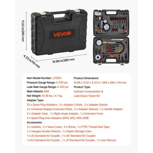VEVOR Druckverlustprüfer für Motorenzylinder Manometer (0-700 psi) Leckagemessgerät (0-100 psi), Zylinderdrucktester mit 4 Adaptern, Kraftfahrzeug Kompressionsprüfset Druckprüfung und Leckratenmessung – Bild 6