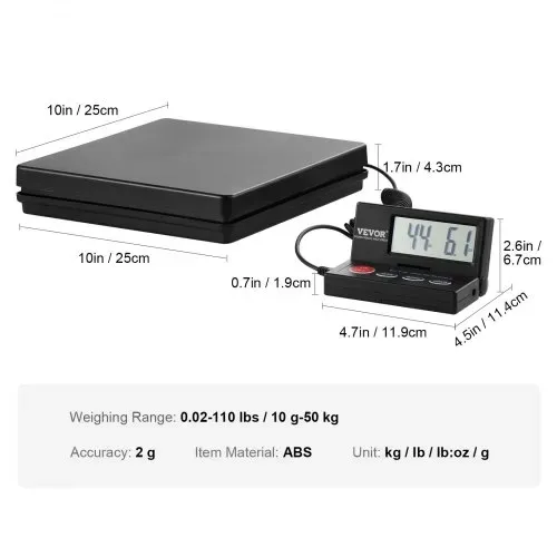 VEVOR Plattformwaage 10g-50kg Paketwaage 2g Genauigkeit Digitalwaage kg/lbs/lbs:oz/g Zählwaage 250x250x43mm ABS-Gehäuse Tara-/Hold-Funktionen AC/DC-Netzteil Industriewaage Briefwaage Waage – Bild 6