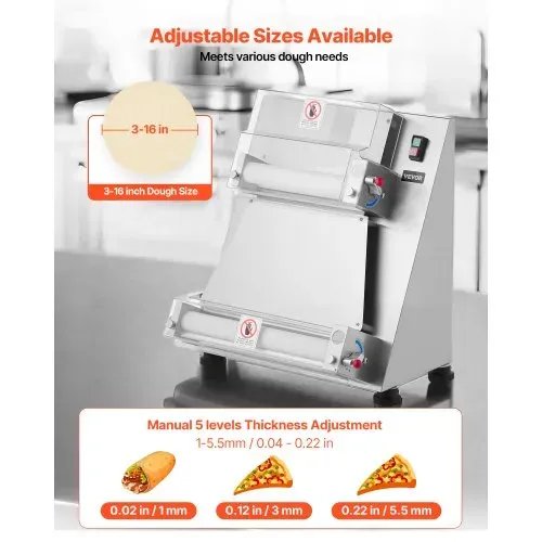 VEVOR elektrische Pizzateigpresse 355,6 mm Gebäck-Pressplatte, Brotpresse 390 W aus Edelstahl, kommerzieller Chapati Presse, Formmaschine mit einstellbarer Dicke & Teigpressdeckel, 260 Stk./h – Bild 2