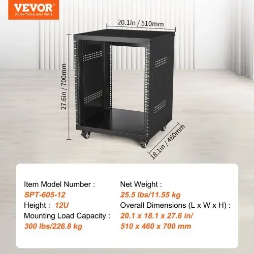 VEVOR 12U AV-Rack-Ständer, 500 lbs Kapazität, Netzwerk-Stereo-Aufnahmestudio-Rack mit feststellbaren Lenkrollen, runden und quadratischen Löchern, speziellen Belüftungsöffnungen für die Montage von 19-Zoll-Audio-, Video-, Musik- und IT-Geräten – Bild 6