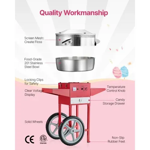 VEVOR elektrische Zuckerwattemaschine kommerzielle Zuckerwattegeräte mit Wagen (1000 W) mit 52 cm Edelstahlschüssel & Zuckerschaufel & Schublade, perfekt für Kindergeburtstage Familienfeiern Rot – Bild 4