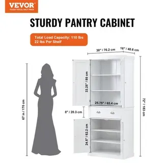 VEVOR 183 cm Vorratsschrank für die Küche, Hauswirtschaftsschränke mit Türen, Schublade & 3 Verstellbaren Regalen, Speisebuffet-Vorratskammern für Küche, Wohnzimmer, Esszimmer, Waschküche, Weiß VEVOR 183 cm Vorratsschrank für die Küche, Hauswirtschaftsschränke mit Türen, Schublade & 3 Verstellbaren Regalen, Speisebuffet-Vorratskammern für Küche, Wohnzimmer, Esszimmer, Waschküche, Weiß