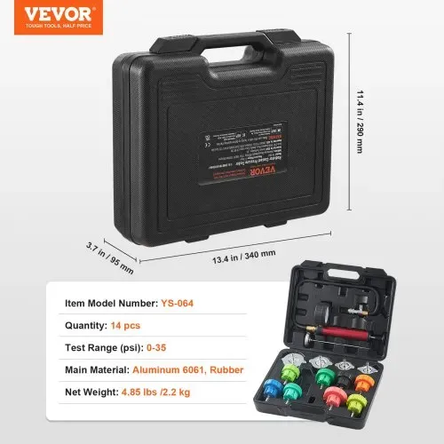 VEVOR 14-teiliges Kühlerkühlmittel-Druckprüfer-Set Abdrückgerät, Abdrücken Tester Kühlwasser Befüllgerät, Kühler Entlüftungsgerät Kühlsystemtester inkl. Thermometer, 4 Metalladapter und 8 Prüfkappen – Bild 6