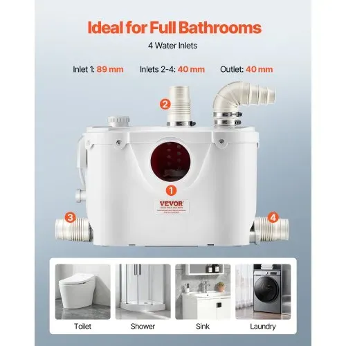 VEVOR Hebeanlage, 500 W, 110 L/min Durchfluss, 8 m Förderhöhe, Schmutzwasserpumpe mit 4 Wassereinlässen, Abwasserhebeanlage für Toilette, Keller, Dusche, Waschbecken, Waschküche, Badewanne – Bild 4
