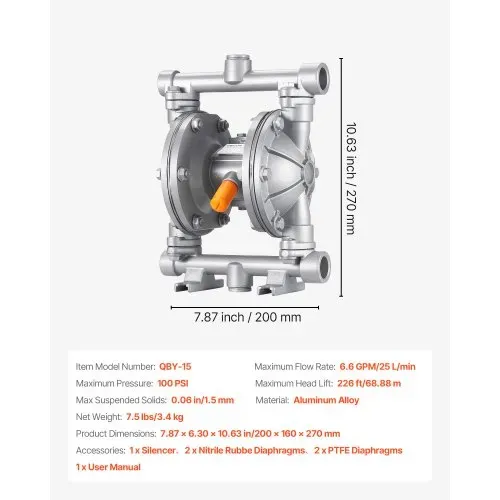VEVOR Druckluft-Doppelmembranpumpe, 25 L/min, 3/8 Zoll Einlass & Auslass, pneumatische Altöl-Transferpumpe, max. 100 PSI, Gehäuse aus Aluminiumlegierung, für Diesel, Fett, Kerosin, Benzin – Bild 6