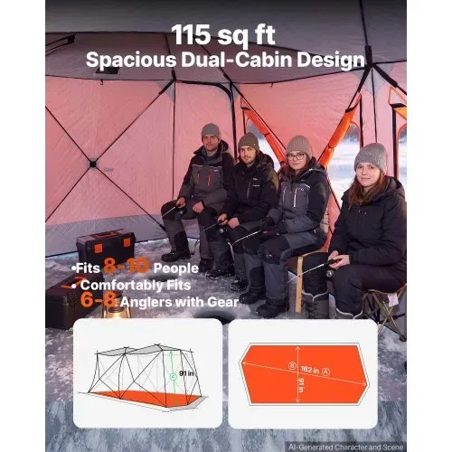 VEVOR Eisangelzelt Eisfischerzelt für 8-10 Personen 4,11x2,3x2,3 m Isoliert, fürs Winterangeln, 10,7 m² Fläche, 600D 4-Lagiges Gewebe, Tragbares Eisschutzzelt im Hub-Stil mit Ankern, Seilen, Tragetasche – Bild 3
