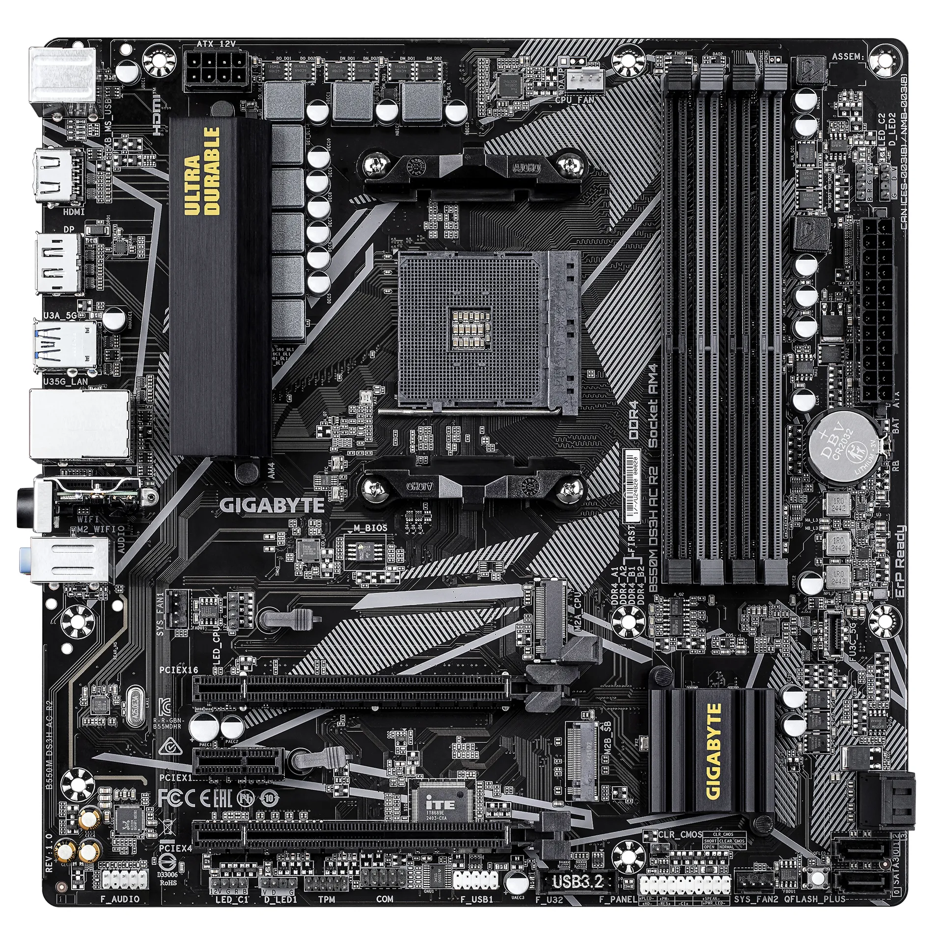 GIGABYTE B550M DS3H AC R2 Mainboard – AMD Ryzen 5000 Prozessoren, 5+3 Phasen VRM, bis zu 4733 MHz DDR4 (O.C.), 1x PCIe 4.0 + 1x PCIe 3.0 M.2, Wi-Fi 5, 1 GbE LAN, USB 3.2 Gen 1 – Bild 2