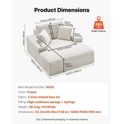 VEVOR Chaiselongue Relaxliege 138cm, gepolstertes Schlafsofa mit Dekokissen & Armlehnen, Schlafcouch mit tiefer Sitzfläche für Wohnzimmer Schlafzimmer, Loungesessel aus hochelastischem Schwamm Beige – Bild 6