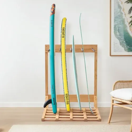 VEVOR vertikaler Surfbrettständer 4-stufiges Surfbrettregal aus Holz zur Aufbewahrung & Präsentation, freistehender Boardständer-Organizer Surfbretthalter Rack für Wakeboard Snowboard Skier – Bild 7