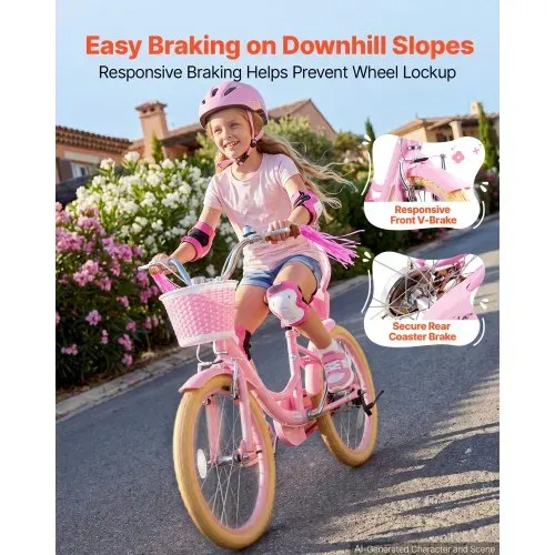 VEVOR Kinderfahrrad 20 Zoll Straßenfahrrad für 7-13 Jahre mit Ständer Rosa, Kinderrad aus Kohlenstoffstahl für Mädchen, Prinzessin-Stil, Doppelbremsen, Sattel & Lenker Verstellbar, mit Puppensitz Korb – Bild 2