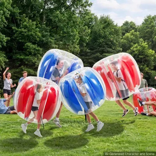 VEVOR 4 x Aufblasbare Bumper Bälle 0,9 m + 1,2 m für Kinder Jugendliche Blau Rot für Garten, Camping, Picknick & Rasen, 0,5 mm Starkes PVC, Heißverschweißte Griffe & Stabil Sitzende Schultergurte – Bild 7