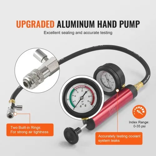 VEVOR 14-teiliges Kühlerkühlmittel-Druckprüfer-Set Abdrückgerät, Abdrücken Tester Kühlwasser Befüllgerät, Kühler Entlüftungsgerät Kühlsystemtester inkl. Thermometer, 4 Metalladapter und 8 Prüfkappen – Bild 2