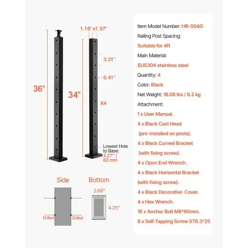 VEVOR Kabelgeländerpfosten, 4er-Pack, 914x25,4x50,8 mm, vorgebohrte horizontale Löcher, Edelstahl SUS304, gebogene horizontale Halterung, für Handlauf, Balustrade, schwarz, 4JZLGZXHS914UUOI6001V0 – Bild 6