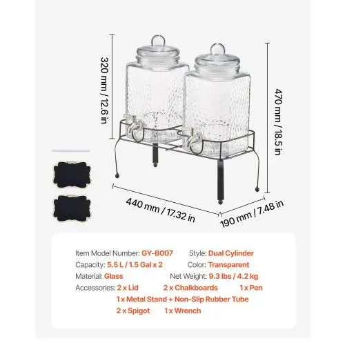 VEVOR Getränkespender (2 x 5,5 L) für Partys Saftspender (aus Glas) mit tropfsicherem Zapfhahn & Metallständer Wasserspender für Restaurants Partys, Limonade selbstgemachte Getränke Spender – Bild 6
