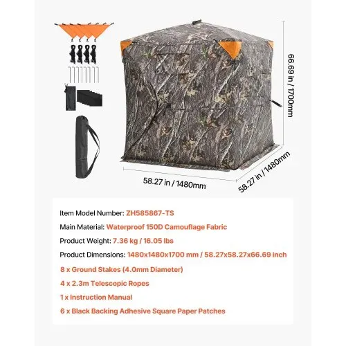 VEVOR Jagdzelt Jagdversteck, 2-3 Personen tragbares Tarnzelt, 270° durchsichtiges Bodenversteck, geeignet für die Truthahn- und Hirschjagd, Jagdunterstand mit Tragetasche, 148 x 148 x 170 cm – Bild 6