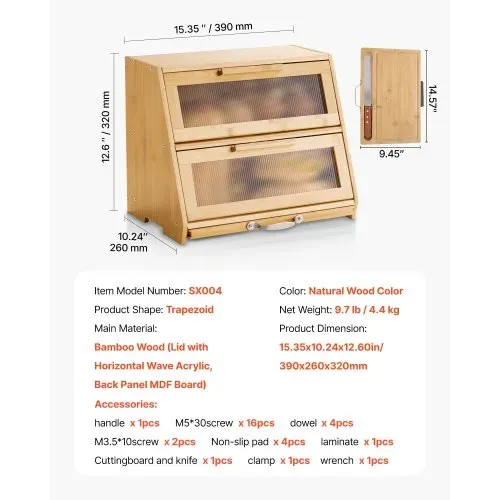 VEVOR Doppellagiger Brotkasten für Küchentheke Brotbehälter Brotbox Brot-Organizer aus Holz für selbstgebackenes Brot, Aufbewahrungsbehälter mit gewellter Acryl-Türplatte, Brotaufbewahrung Natur – Bild 6