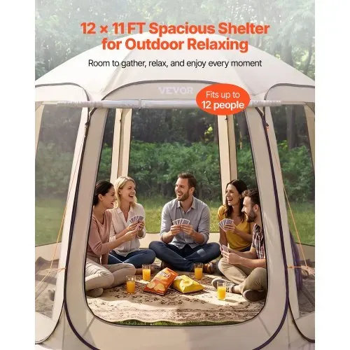 VEVOR Campingzelt, 365,76x335,28x230 cm, Pop-up-Zelt mit ausziehbarer Markise, Partyzelt für 10–12 Personen, inkl. Tragetasche & Netz-Seitenwände, für Terrasse & Outdoor-Aktivitäten, Beige – Bild 2