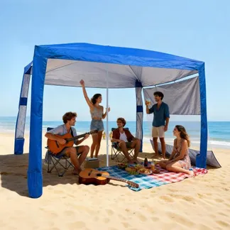 VEVOR Strand-Cabana, 2,4 x 2,4 m Strandzelt mit Seitenwand, UPF 50+ Sonnenschutz, Strandpavillon mit Sandsäcken, höhenverstellbarer & tragbarer Sonnenschutz für Familie und Freunde, Blau VEVOR Strand-Cabana, 2,4 x 2,4 m Strandzelt mit Seitenwand, UPF 50+ Sonnenschutz, Strandpavillon mit Sandsäcken, höhenverstellbarer & tragbarer Sonnenschutz für Familie und Freunde, Blau