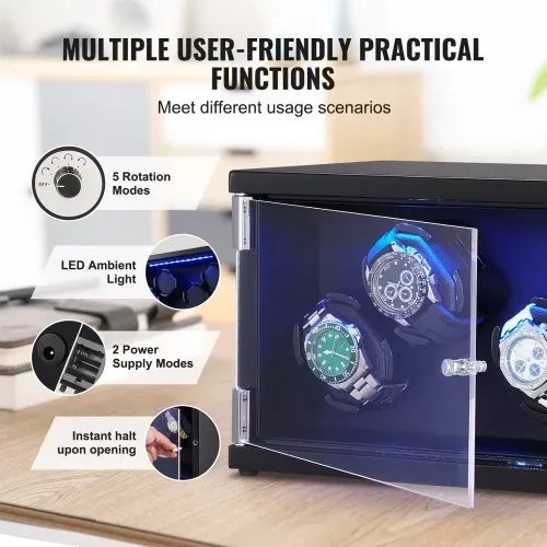 VEVOR Uhrenbeweger, Automatik-Uhrenbeweger, Watch Winder, Uhrenbeweger für Automatikuhren, Automatischer Uhrenbeweger mit Platz für 4 Uhren, LED Beleuchtung, Max. 20 cm Riemenlänge Schwarz – Bild 4