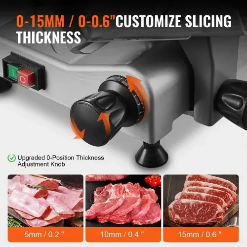 VEVOR Kommerzieller Fleisch Allesschneider 340 W, Elektrische Aufschnittmaschine Lebensmittelschneider mit 25,4 cm-Kohlenstoffstahlklinge, 0–15 mm Einstellbare Dicke für Fleisch, Käse, Gemüse usw. – Bild 2