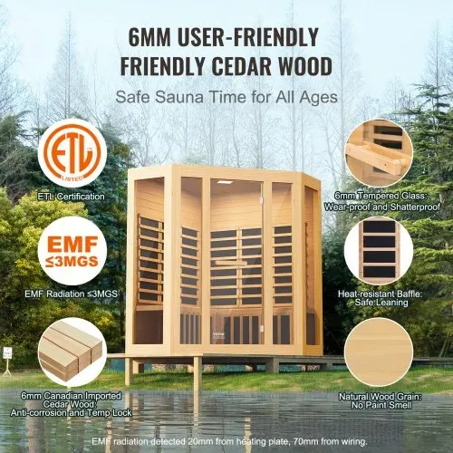 VEVOR Ferninfrarot-Holzsauna, Sauna-Spa für Zuhause, für 3 bis 4 Personen, Niedrige EMF-Ferninfrarot-Sauna aus Hemlockholz mit gehärteter Glastür & Bluetooth-Lautsprechern & Farblichttherapie, 2470 W für den Innenbereich – Bild 4