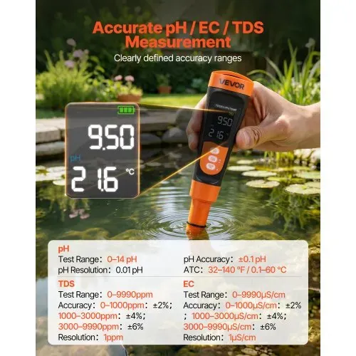 VEVOR pH-Meter, pH/EC/TDS Multiparameter-Messung, IP68 Wasserdichte Sonde, Taschen-Tester-Set mit Kalibrierpulver-Päckchen, VA-Display, PH Messgerät, Wassertester für Wasserqualitätsprüfung VEVOR pH-Meter, pH/EC/TDS Multiparameter-Messung, IP68 Wasserdichte Sonde, Taschen-Tester-Set mit Kalibrierpulver-Päckchen, VA-Display, PH Messgerät, Wassertester für Wasserqualitätsprüfung