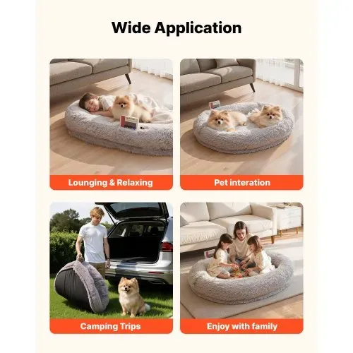VEVOR Hundebett für Menschen & Hunde, 132x86x24 cm, Memory-Schaum-Hundebett in Menschengröße, mit Seitentasche, Griff & Reißverschluss, abnehmbarer, maschinenwaschbarer Bezug, Langplüsch, Grau – Bild 5