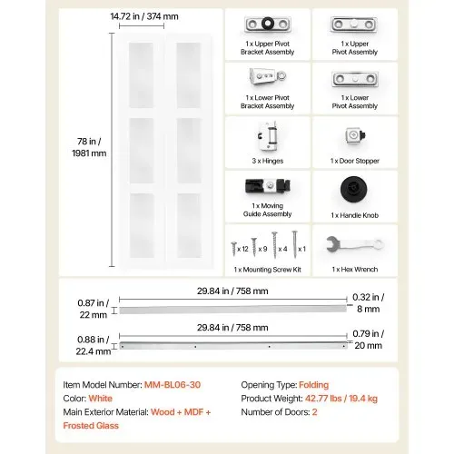 VEVOR Falttür Klapptür Komplettset 762 mm (Zwei 381 mm) x 2032 mm Milchglas, für Schränke & Schlafzimmer, Zweiflügelige Faltschiebetür mit Metallbeschlägen & Verbundrahmen, Stilvoll & Platzsparend, Weiß – Bild 6