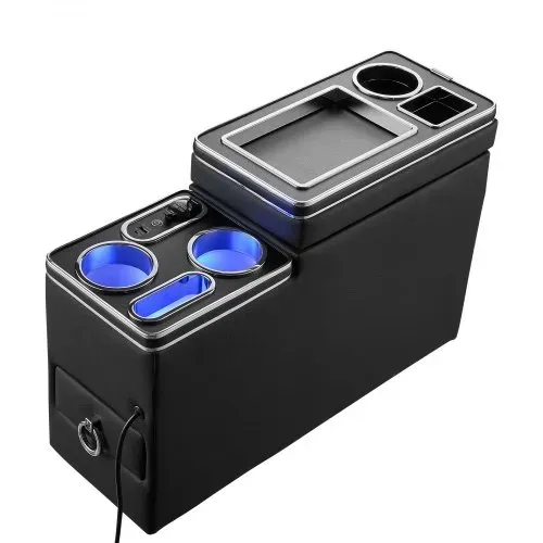 VEVOR Mittelkonsole 15 W 7-Farben LED Auto-Organizer zwischen den Sitzen für Smartphones und Elektronikgeräte, 5 V/3 A QC, 5 V/3 A PD-Typ-C, 12-24-V-Buchse, 3 Getränkehalter, Staufach und Schublade – Bild 9