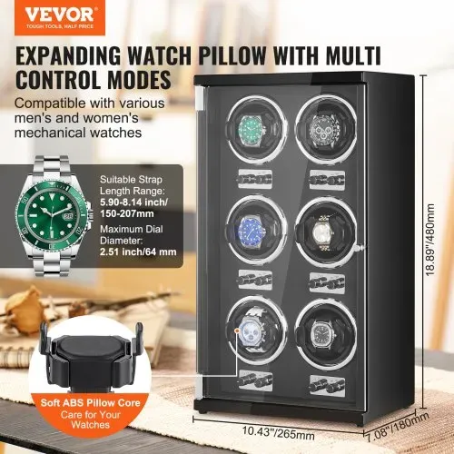 VEVOR Uhrenbeweger, Automatik-Uhrenbeweger, Watch Winder, Uhrenbeweger für Automatikuhren, Automatischer Uhrenbeweger mit Platz für 6 Uhren, LED Beleuchtung, 150–207 mm Einstellbare Riemenlänge VEVOR Uhrenbeweger, Automatik-Uhrenbeweger, Watch Winder, Uhrenbeweger für Automatikuhren, Automatischer Uhrenbeweger mit Platz für 6 Uhren, LED Beleuchtung, 150–207 mm Einstellbare Riemenlänge