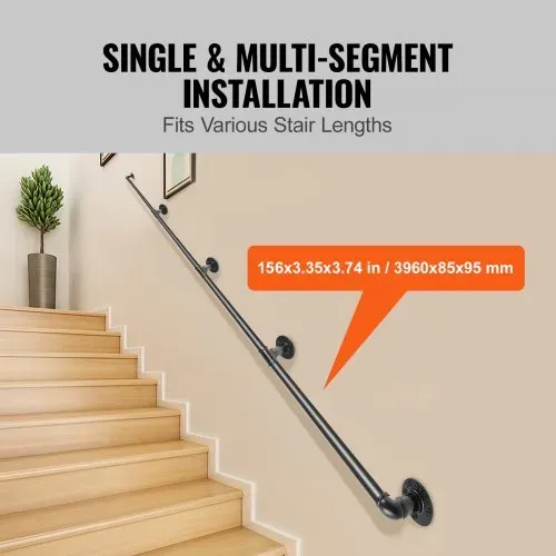 VEVOR 4x Retro Wasserrohr Handlauf 396cm Industrieller Geländer Schutzbügel Kohlenstoffstahl Matt 5x Wandhalterungen Handlauf Rustikal 1,5mm Rohrstärke 200kg Traglast für Handläufe im Außen-/Innen – Bild 3