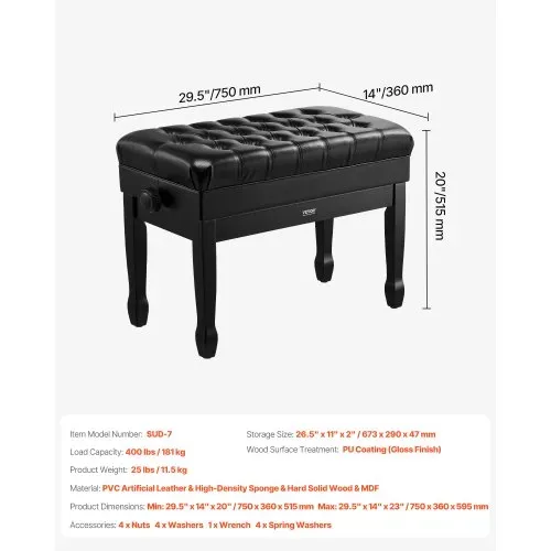VEVOR Klavierbank, 750x360x515 mm, Duett-Keyboard-Klavierstuhl, 51 bis 59 cm einstellbare Höhe, gepolstertes Kissen, Ablagefach für Notenbücher, Pianobank aus Holz, für Schminktisch, Schlafzimmer – Bild 6