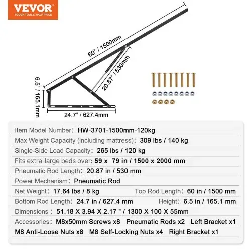 VEVOR Bettlift, 150x 200 cm Kompatibel, extra Groß, 140 kg Tragkraft, DIY-Wandbett-Mechanik-Hardware-Kit Vertikal Deluxe, Pneumatischer Hebel, hochbelastbare Stütze, Klappbar für Gästezimmer – Bild 6