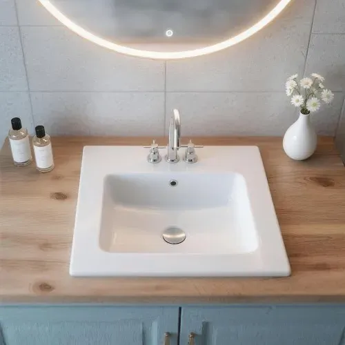 VEVOR Halbeinbauwaschbecken Handwaschbecken 510 x 465 mm rechteckiges Aufsatzwaschbecken mit Überlauf & 3 Wasserhahnlöchern, modernes Einbauwaschbecken für kleine Räume Küchen Badezimmer Weiß – Bild 7
