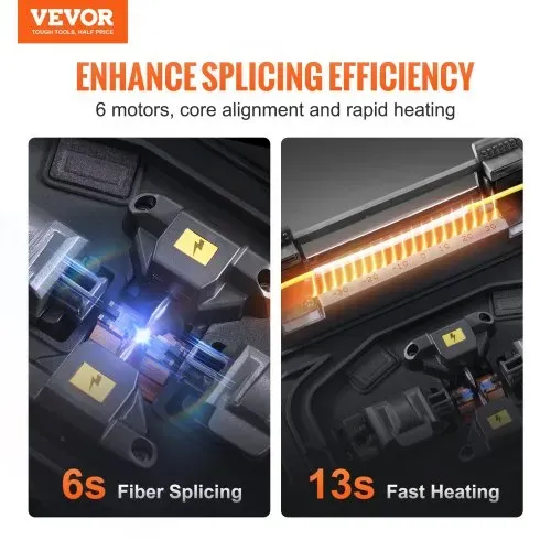 VEVOR Glasfaser-Spleißgerät mit 6 Motoren, Kernausrichtung, 6 s Spleißen & 13 s Aufheizen, Glasfaser-Spleißgerät mit 5-Zoll-LCD-Bildschirm, 3-in-1-Faserhalter, 7800 mAh Akku für SM MM DS NZDS-Faser VEVOR Glasfaser-Spleißgerät mit 6 Motoren, Kernausrichtung, 6 s Spleißen & 13 s Aufheizen, Glasfaser-Spleißgerät mit 5-Zoll-LCD-Bildschirm, 3-in-1-Faserhalter, 7800 mAh Akku für SM MM DS NZDS-Faser