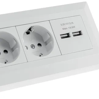 2-fach Steckdosenblock + 2x USB, weiß ma 250V~/ 16A, Aufbaumontage, USB 3,1A 2-fach Steckdosenblock + 2x USB, weiß ma 250V~/ 16A, Aufbaumontage, USB 3,1A