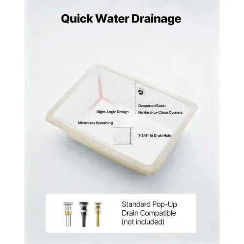 VEVOR Unterbauwaschbecken Handwaschbecken 400 x 305 mm rechteckiges Spülbecken aus Keramik mit Überlaufloch, moderne Unterbauspüle Küchenspüle für kleine Räume, Badezimmerwaschbecken Weiß – Bild 4