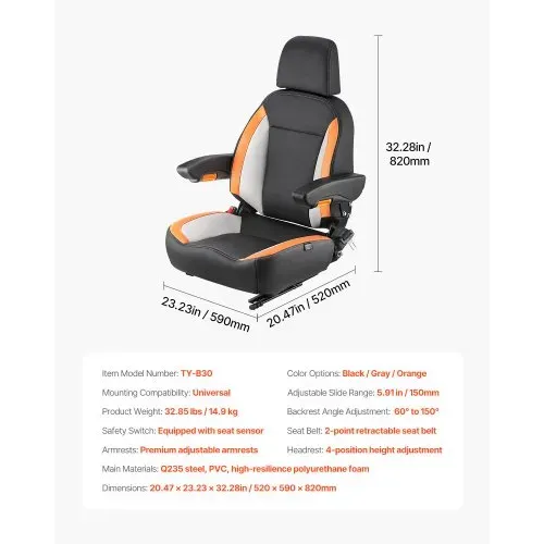 VEVOR Universal Gabelstaplersitz 520x590x820 mm, Traktorsitz, Schleppersitz, Treckersitz, Staplersitz, sicherer Traktorsitz mit Mikroschalter, ergonomischer Rasenmähersitz für Kompaktlader, Bulldozer – Bild 6