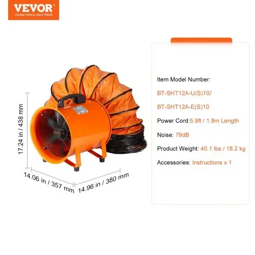 VEVOR Bauventilator 367-W-AC-Motor Baugebläse 2800 U/min Baulüfter Gebläse 2574 CFM (4373 m3/h) Axiallüfter mit 10 m Schlauch Axialgebläse 79 dB Geräuschpegel Industrielüfter – Bild 6