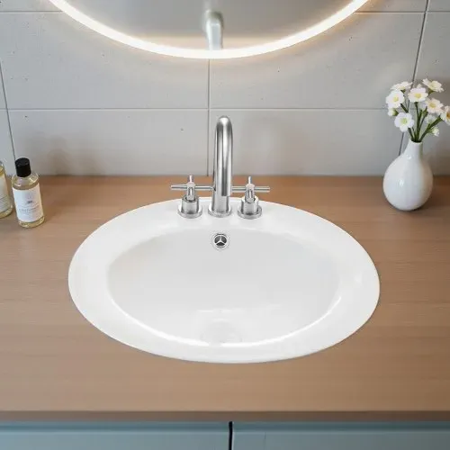 VEVOR Halbeinbauwaschbecken Handwaschbecken 485 x 425 mm ovales Aufsatzwaschbecken mit Überlauf & 3 Wasserhahnlöchern, modernes Einbauwaschbecken für kleine Räume Küchen Badezimmer Weiß – Bild 7