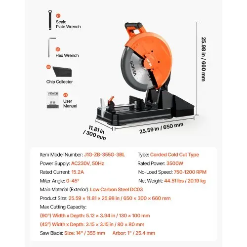 VEVOR Metalltrennsäge Kappsäge 355mm Trennscheibe 3500W Motor Gehrungssäge, zum Schneiden von Metall, Einstellbarer Winkel von -45° bis 45°, Drehzahl von 750 bis 1200 U/min, mit Späneauffangbehälter – Bild 6