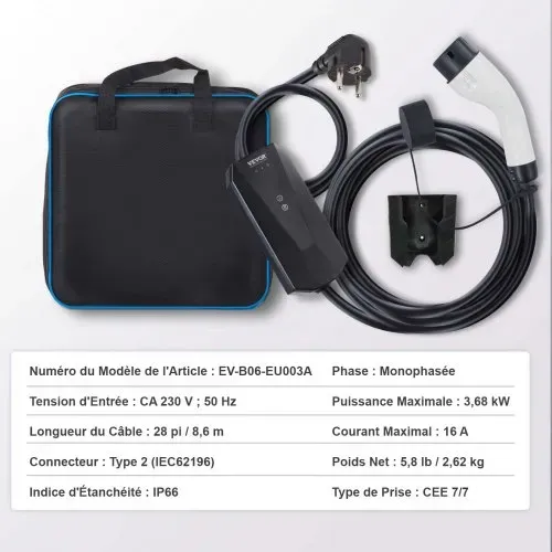 VEVOR Tragbares EV-Ladegerät 3,68 kW Ladegerät für Elektrofahrzeuge EV-Ladekabel Typ 2(IEC62196) CEE 7/7 Stecker 8-16A 1-Phasig EV-Ladestation 8,6m Kabellänge IP66 Wasserdicht Wallbox – Bild 6