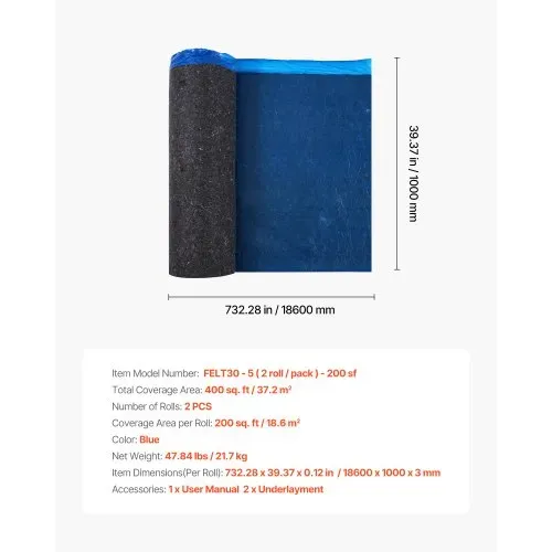 VEVOR Trittschalldämmung, 37,2 m², 3 mm Laminatbodenunterlage mit angebrachter Dampfsperre, Faser + PE-Folie, Schalldämmung & Geräuschreduzierung für Vinyl und Holz (2 Rollen x 18,6 m²) – Bild 6