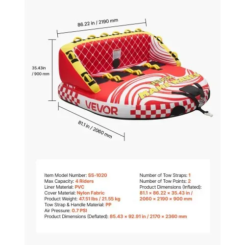 VEVOR Towable Tube für Boote, Wassersport-Schleppreifen für 4 Personen, bis 308 kg Tragfähigkeit, mit 2 Zugpunkten, Nylonhülle, Gepolsterten Griffen und Sicherheitsventil, für Seen, Flüsse, Rot – Bild 6